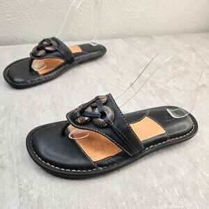 Women’s Black Leather Slide Sandals with Brown Inset